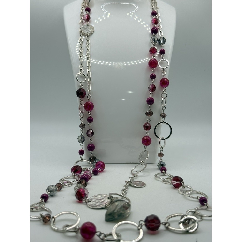 White House Black Market Necklace Silver Tone Pink Bead Double Strand 26-28"